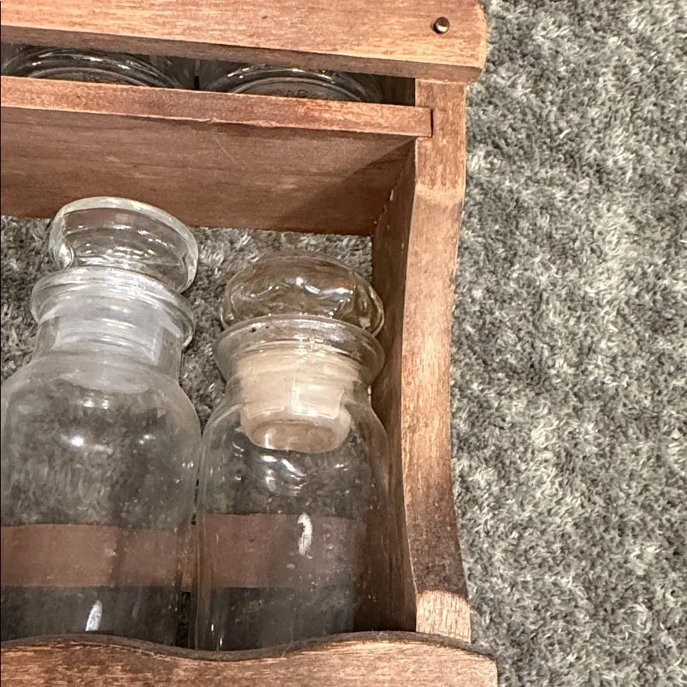 Rustic Wooden Spice Rack with Glass Bottles - Brown